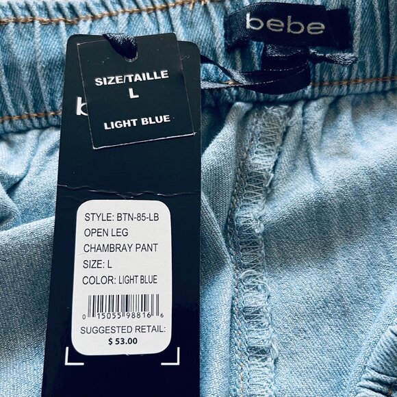 BEBE Wide Leg Elastic Waist Chambray Jeans in Light Blue (L) New With Tag - Picture 7 of 9
